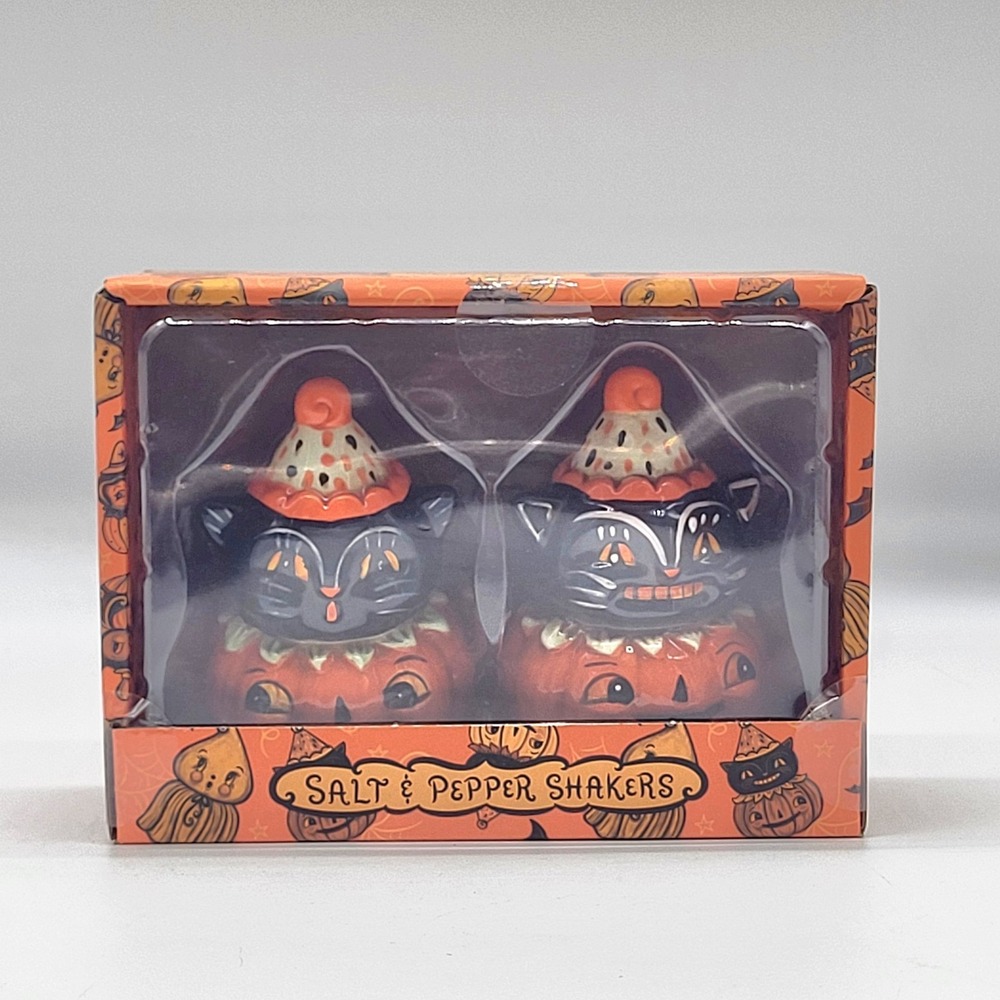 Johanna Parker Transpac Black Cat Pumpkin Salt Pepper Shakers Halloween NEW